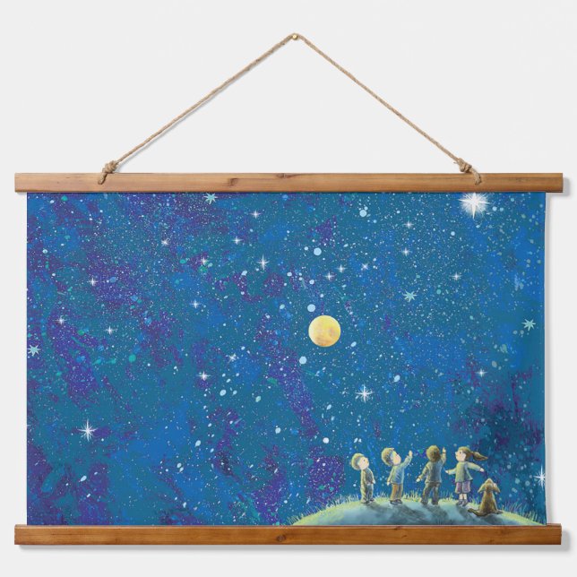Kinder beim nächtlichen Himmel Wandteppich Mit Holzrahmen (Vorne)