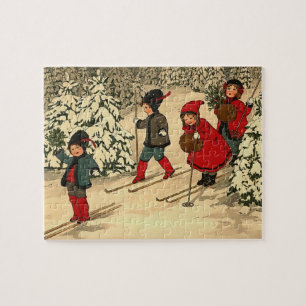 Kinder beim Skifahren, eine vintage Winterlandscha