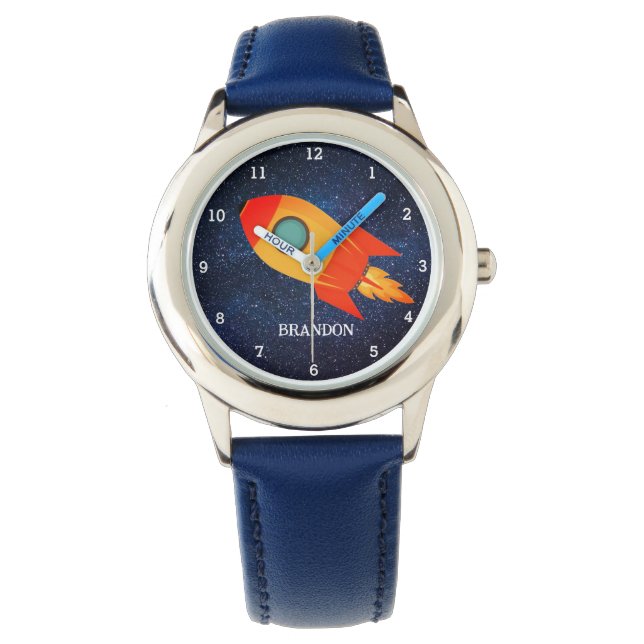Kinder Boys Rocket Space Blue Astronaut Name Armbanduhr (Vorderseite)