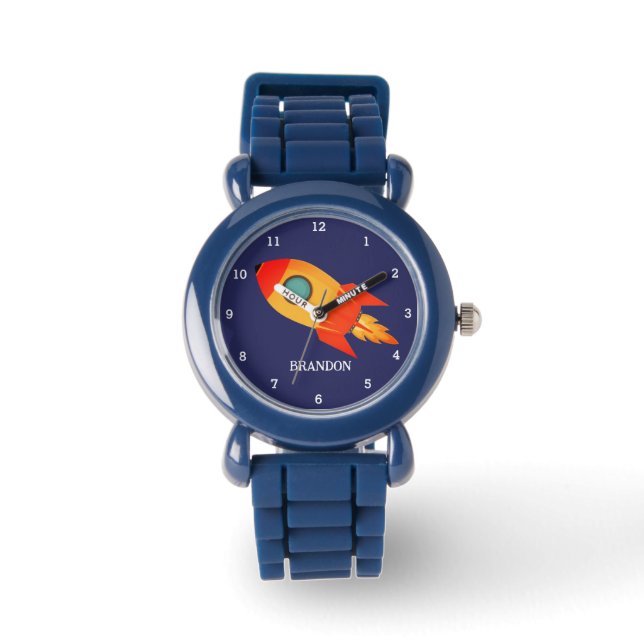 Kinder Boys Rocket Space Blue Astronaut Name Armbanduhr (Vorderseite)