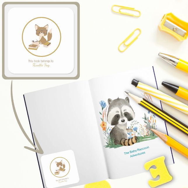 Kinder buchen Labelkids lesen Quadratischer Aufkleber (Kids Reading Books Woodland Animal Fox Personalized Bookplate )