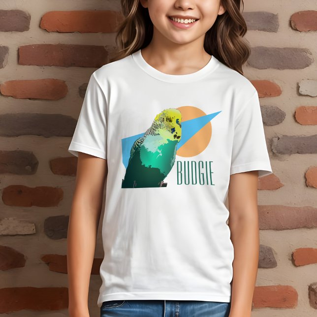 Kinder Budgie Liebe Retro Blue Geometric Pet Bird Tri-Blend Shirt (Kids' budgie t-shirt with cool retro geometric design and aqua budgerigar for pet bird lovers)