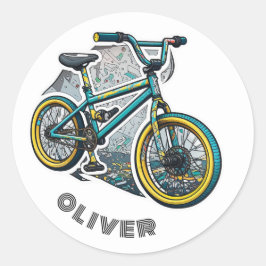 Kinder Cartoon Bike BMX. Abenteuerjunge Runder Aufkleber