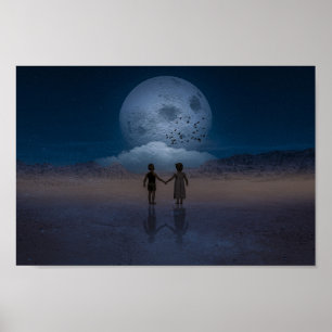 Kinder, die am Mond Händen halten Poster