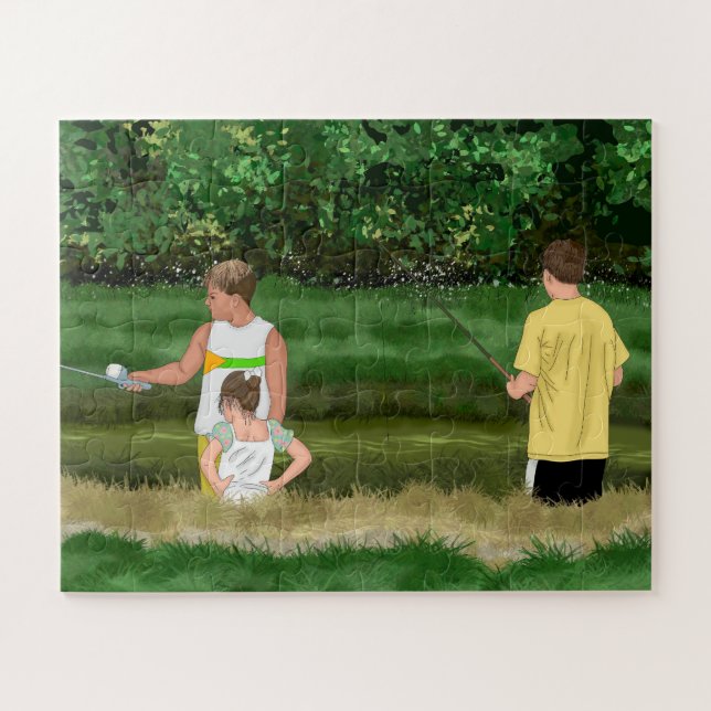 Kinder, die am Teich vor Ort fischen (Horizontal)