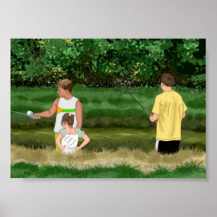 Kinder, die am Teich vor Ort fischen Poster