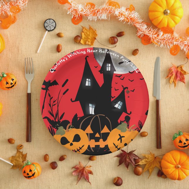 Kinder, die das Halloween-Papiertüten der Stunde e Pappteller (Witching Hour Halloween Party Paper Plate)
