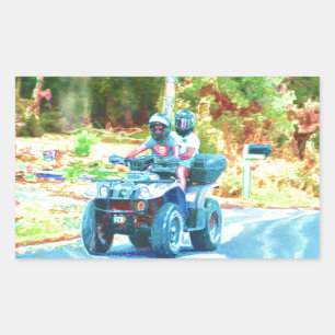 Kinder, die ein ATV-Geländefahrzeug auf der Straße Rechteckiger Aufkleber