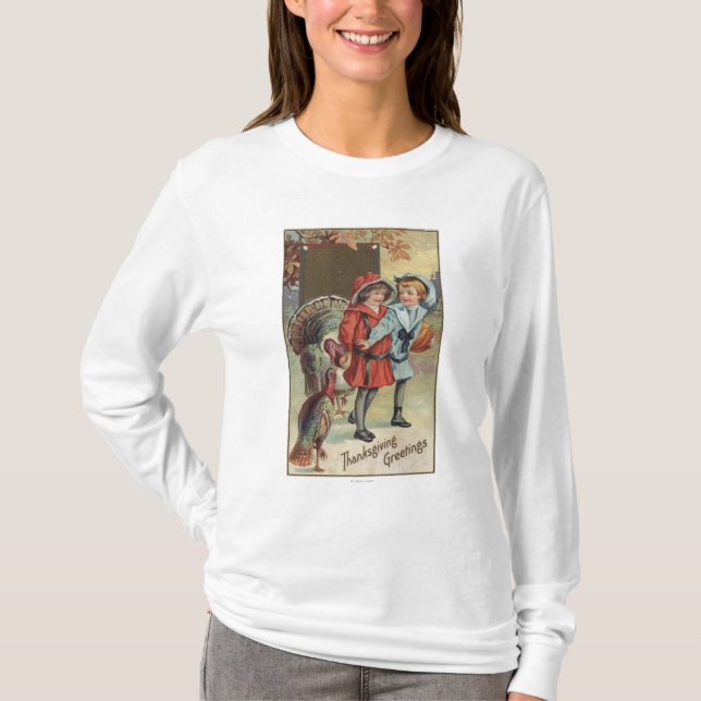 Kinder, die einen Kürbis, Truthähne halten T-Shirt (Vorderseite)