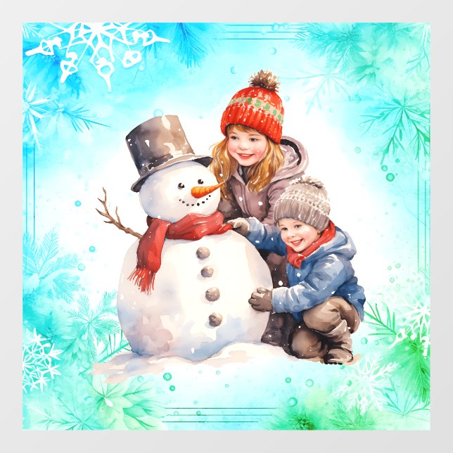 Kinder, die einen Schneemann machen Fensteraufkleber (Blatt)