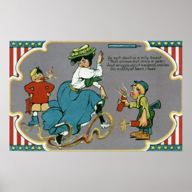 Kinder, die Frauen mit Feuerwerken tormentieren Poster (Vorne)
