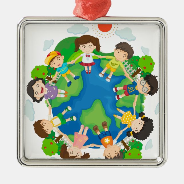 Kinder, die Hände um die Erde halten Ornament Aus Metall (Vorne)