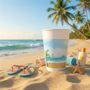 Kinder, die im Sommer im tropischen Beach Fun surf Pappbecher