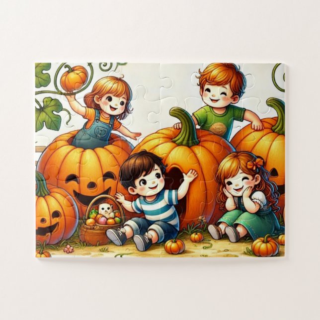 Kinder, die in einem Pumpkinpflaster spielen (Horizontal)
