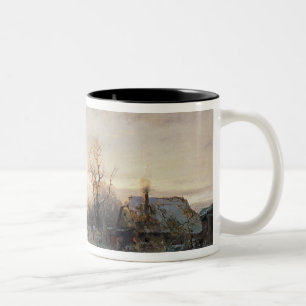 Kinder, die in einer Winterlandschaft spielen Zweifarbige Tasse