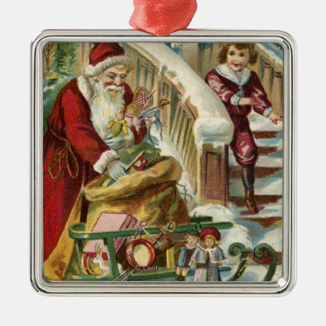 Kinder, die laufen, um Sankt zu grüßen Silbernes Ornament (Vorne)