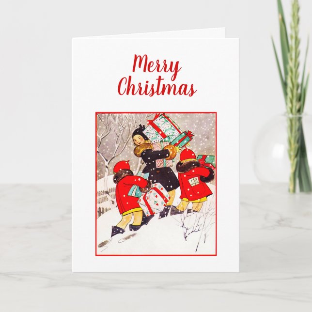 Kinder, die mit Weihnachtsgeschenken in Sno kämpfe Karte (Vorderseite)