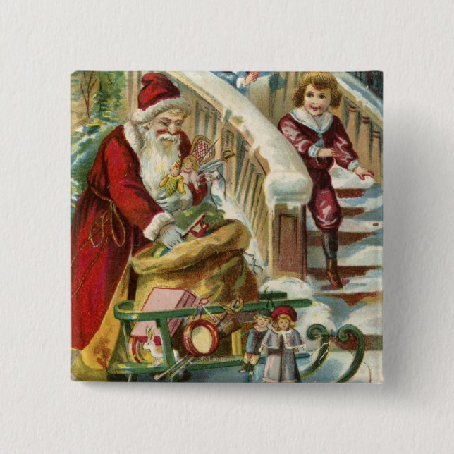 Kinder, die nach Greet Santa laufen Button (Vorderseite)