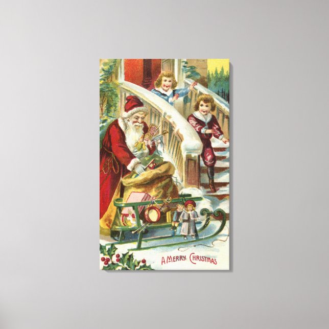 Kinder, die nach Greet Santa laufen Leinwanddruck (Vorderseite)