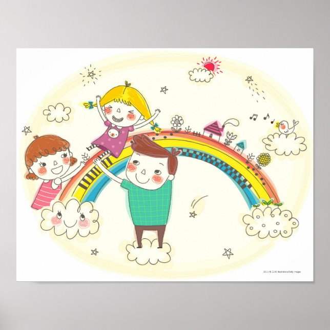Kinder, die Regenbogen spielen Poster (Vorne)