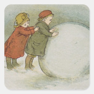 Kinder, die Schneebälle rollen Quadratischer Aufkleber