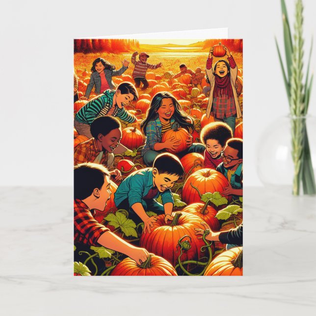 Kinder, die Spaß haben am Kürbispflaster Halloween Karte (Vorderseite)