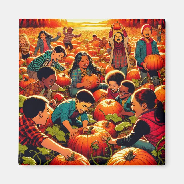 Kinder, die Spaß haben am Kürbispflaster Halloween Magnet (Vorne)
