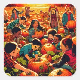 Kinder, die Spaß haben am Kürbispflaster Halloween Quadratischer Aufkleber