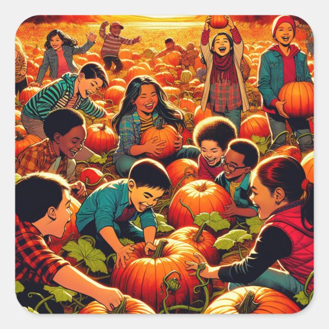 Kinder, die Spaß haben am Kürbispflaster Halloween Quadratischer Aufkleber (Vorderseite)