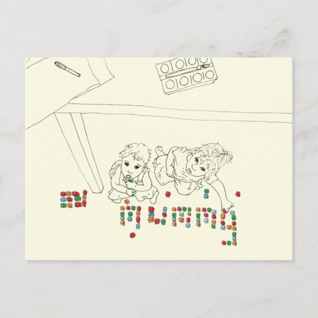 Kinder Die von oben Zeichnend Mummy Brick Line Postkarte (Vorderseite)