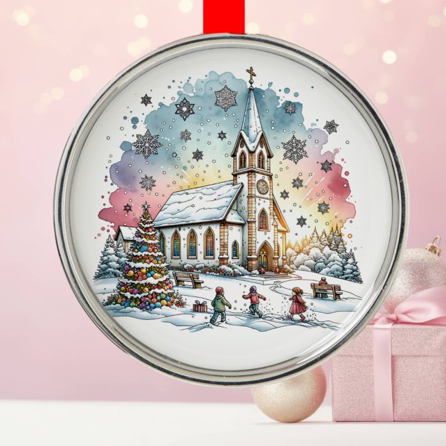 Kinder, die zu Weihnachten in der Kirche spielen Ornament Aus Metall (Von Creator hochgeladen)