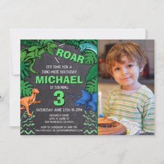Kinder Dino Trex Chalkboard Foto Dinosaur Geburtst Einladung