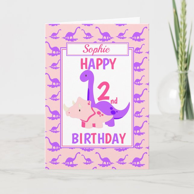 Kinder Dinosaurier 2. Geburtstag Pink Karte (Vorderseite)