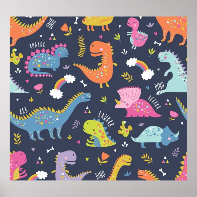 Kinder Dinosaurier: Farbenfrohe Vintage Muster Poster (Vorne)