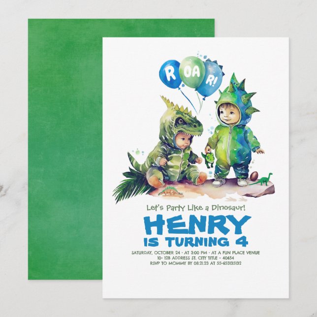 Kinder Dinosaurier Kostüme Party Geburtstag Einladung (Vorne/Hinten)