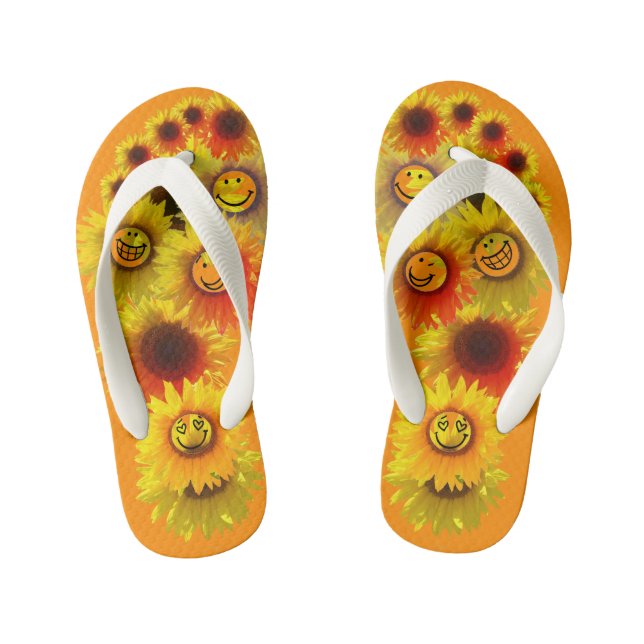 Kinder dunkle Orange Unisex Sonnenblumen Flip Flop (Fußbett)