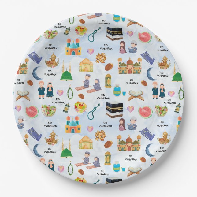 Kinder-Eid-Mubarak-Papierteller – Farbreiches Isla Pappteller (Vorderseite)