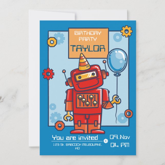 Kinder Einladung zum Geburtstag mit Roboter (Vorderseite)
