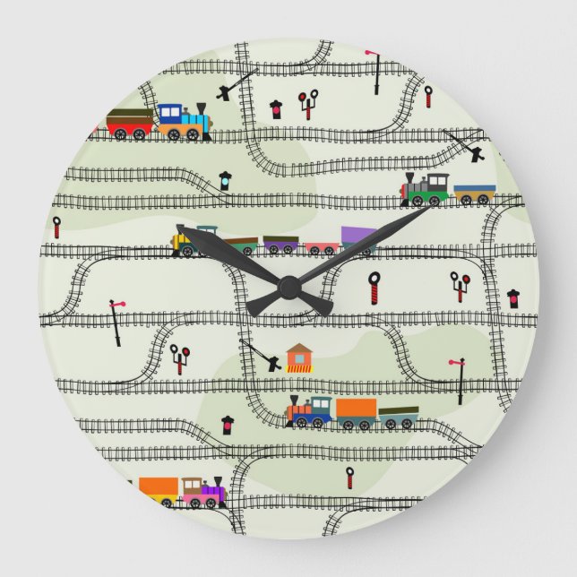 Kinder-Eisenbahn: Lustiges nahtloses Muster Große Wanduhr (Vorderseite)