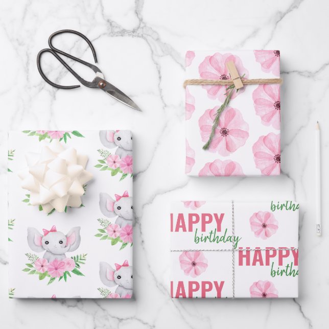 Kinder Elephant Birthday Wrapping Paper Sheets Geschenkpapier Set (Vorderseite)