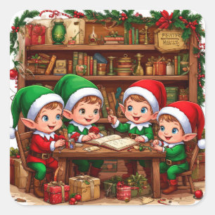 Kinder-Elf erkundet Weihnachts-Spielzeugladen Quadratischer Aufkleber
