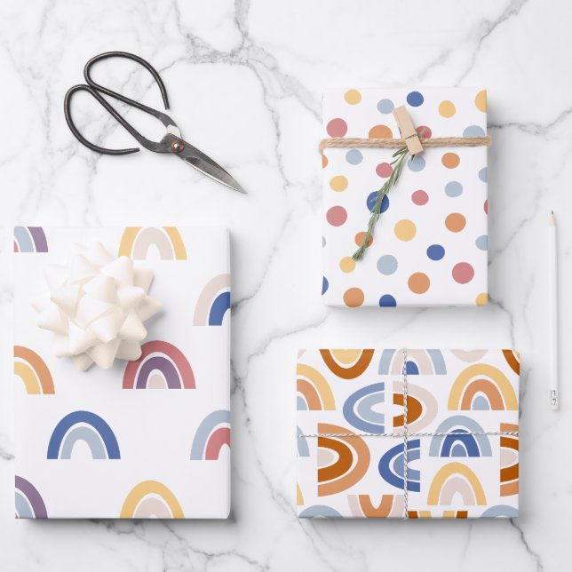 Kinder farbenfrohe glückliche Regenbögen und Polka Geschenkpapier Set (Vorderseite)