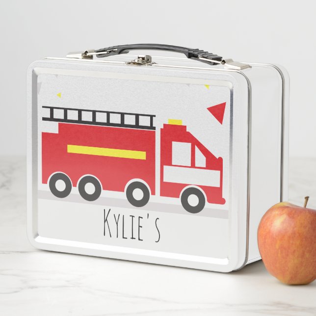 Kinder Feuerwagen Spaß zurück zum Schulnamen Metall Brotdose (Beispiel)