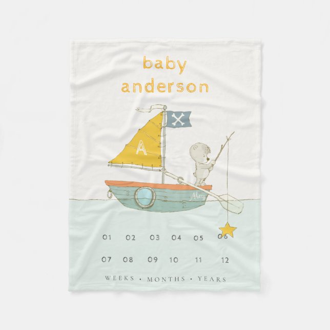 Kinder Fischen Bear Sailboat Monogram Baby Milesto Fleecedecke (Vorderseite)