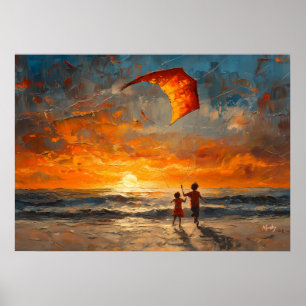 Kinder fliegen Drachen bei Sonnenuntergang - Leben Poster