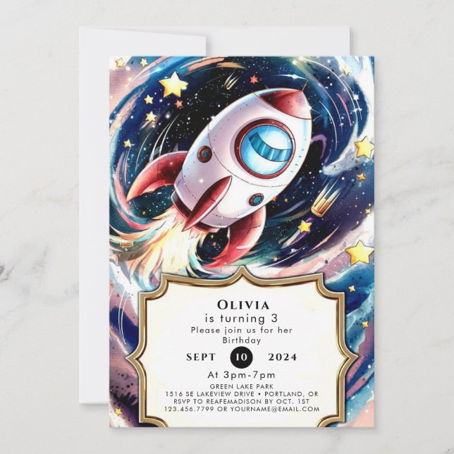 Kinder Galaxy Rocket Geburtstag Einladung (Vorderseite)