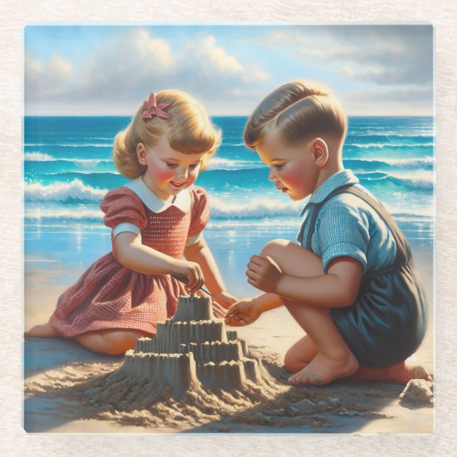 Kinder Gebäude einer Sandburg am Strand Glasuntersetzer (Vorderseite)