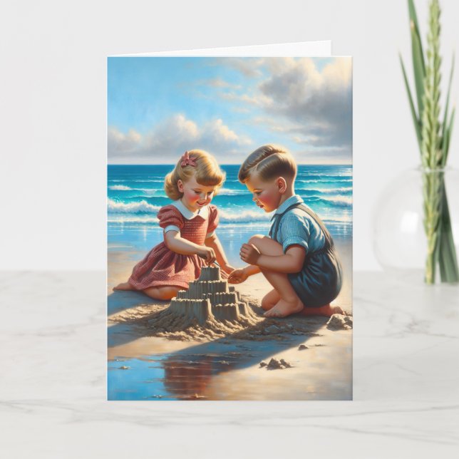 Kinder Gebäude einer Sandburg am Strand Karte (Vorderseite)