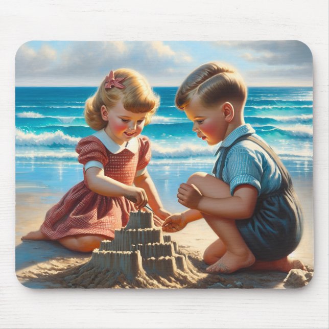 Kinder Gebäude einer Sandburg am Strand Mousepad (Vorne)