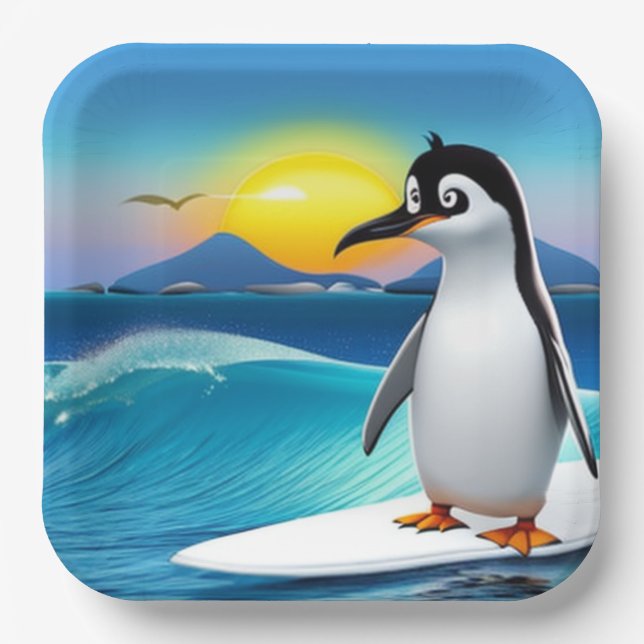 Kinder Geburtstagsparty Pinguin Surfen Pappteller (Vorderseite)